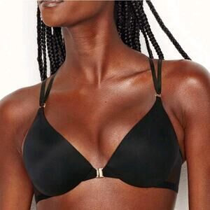 VS Victoria Secret Black Very Sexy Plunge Push Up Bra 32D Cage Crystal Strappy